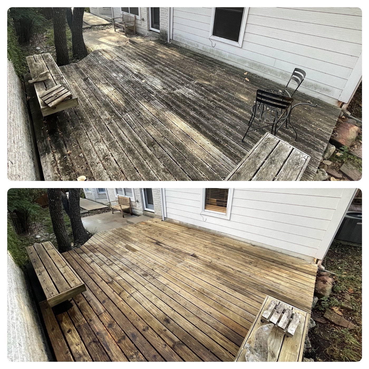 Wood deck pressure washing before and after