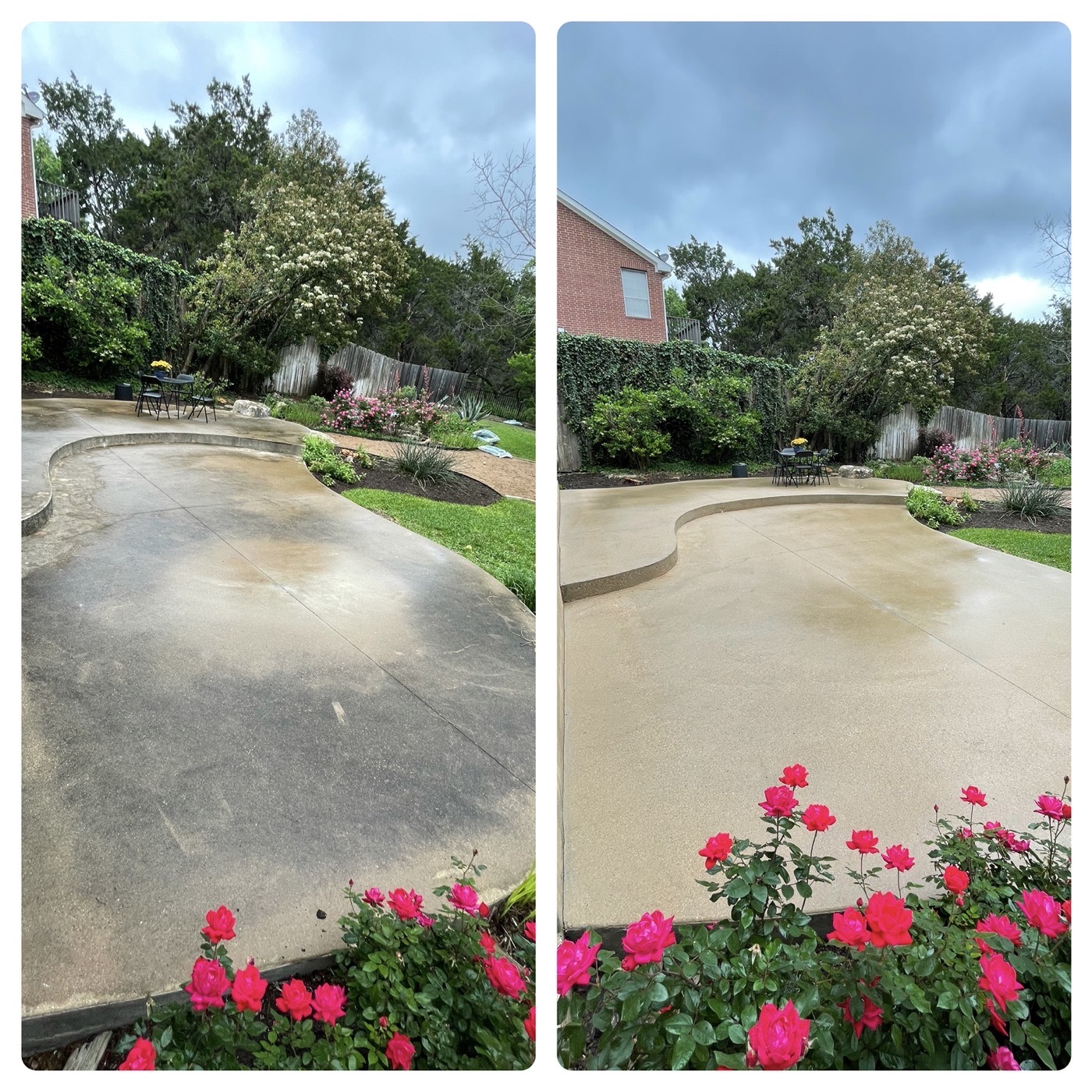 Curved concrete driveway and patio pressure washing before and after