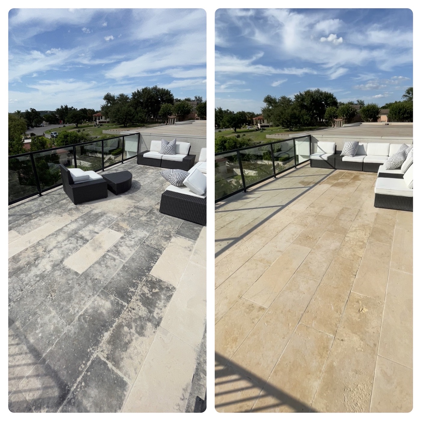 Rooftop travertine patio pressure washing before and after