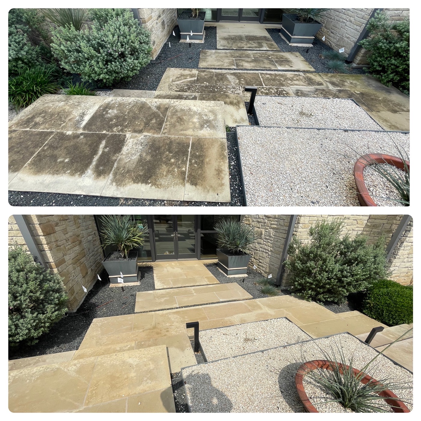 Flagstone entrance walkway pressure washing before and after