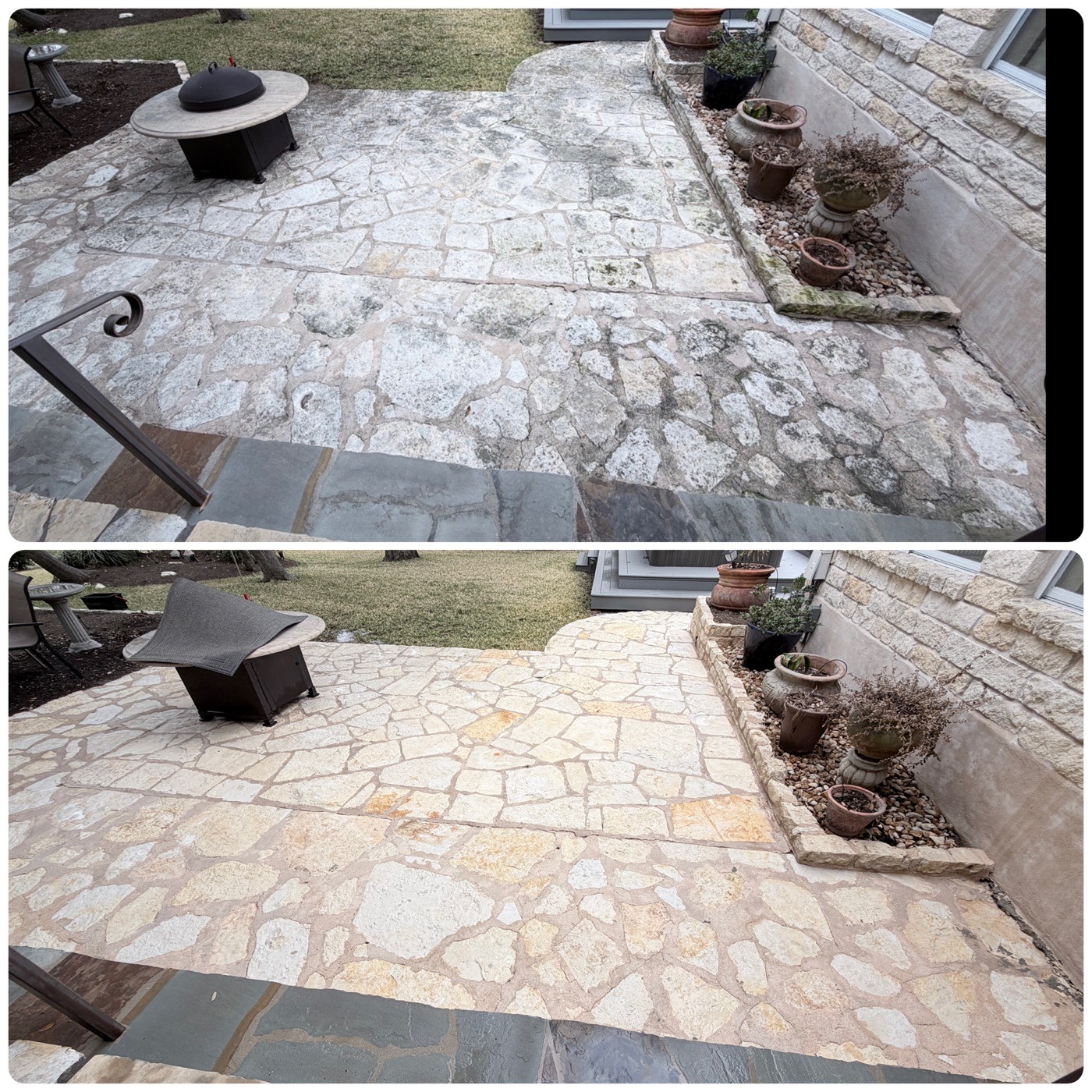 Flagstone backyard patio cleaning before and after