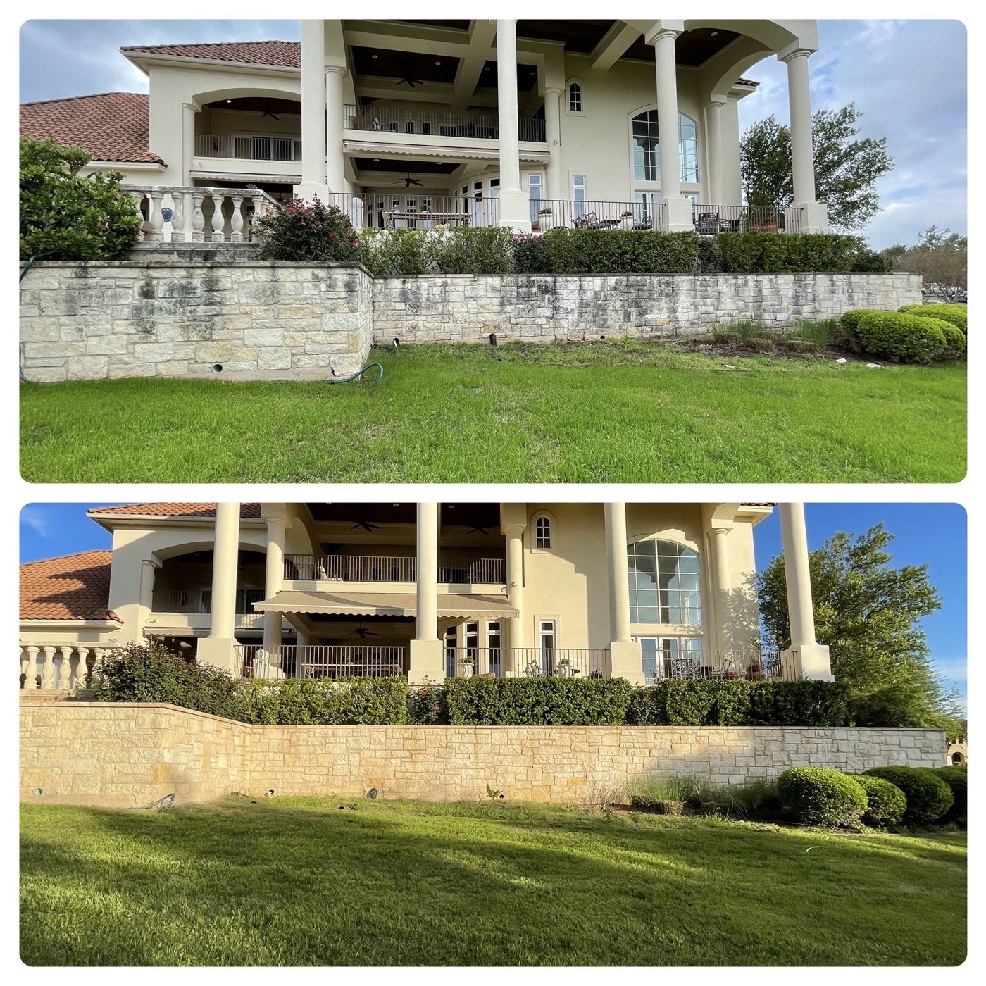 Large estate limestone retaining wall cleaning before and after