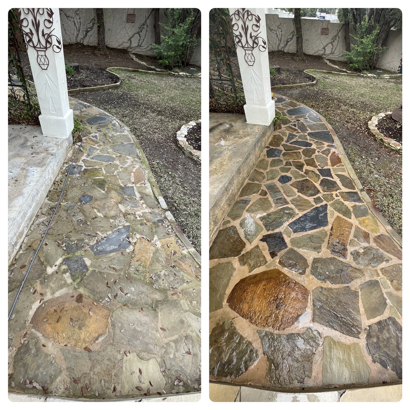 Flagstone pathway and courtyard cleaning before and after