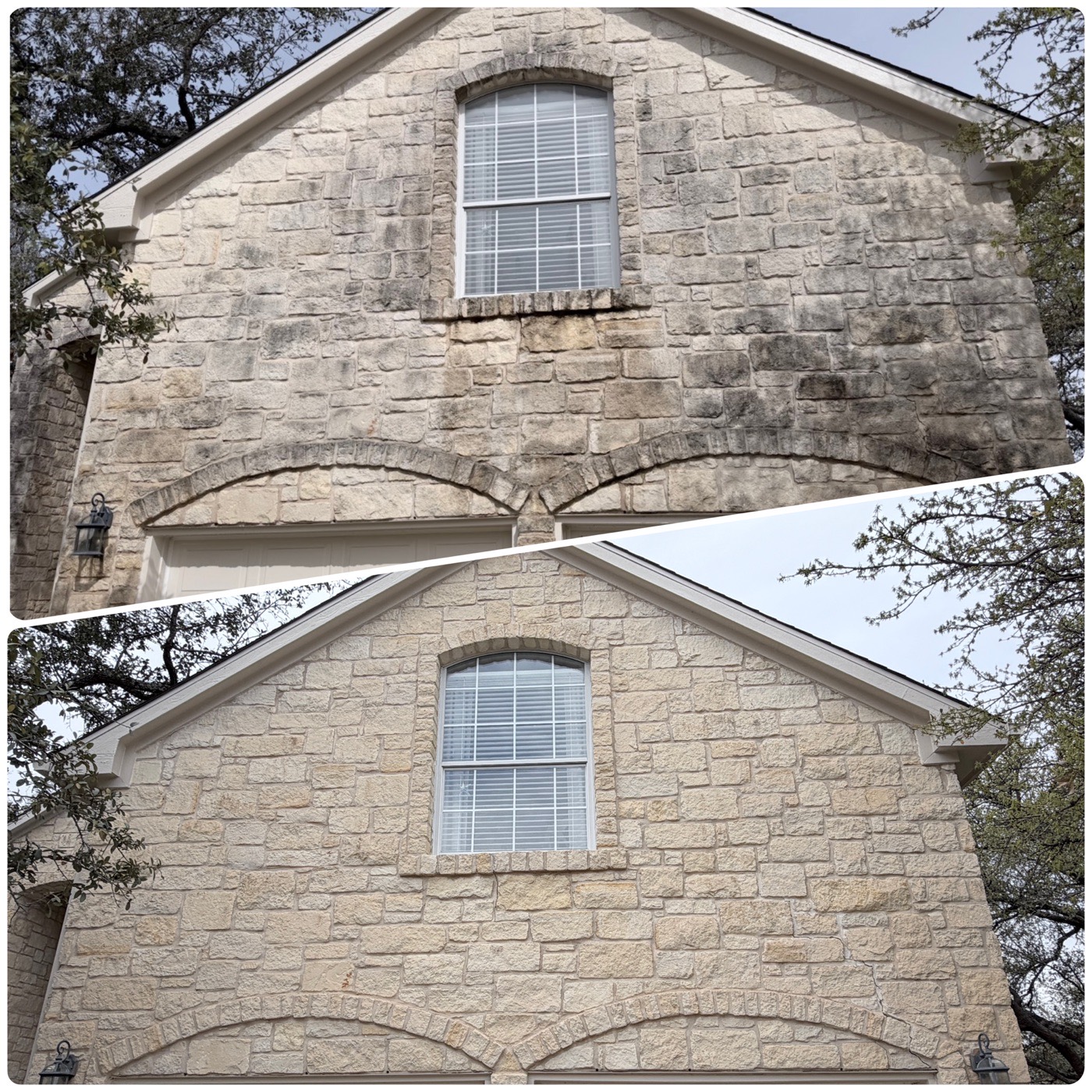 Stone house front facade soft wash before and after