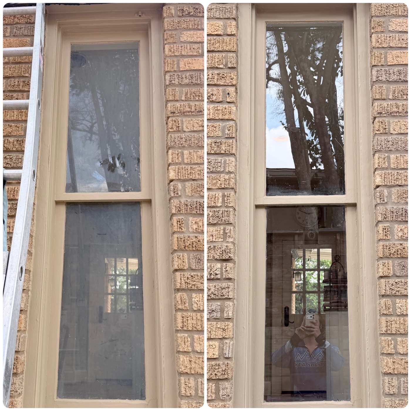 Tall double windows on brick home cleaned before and after